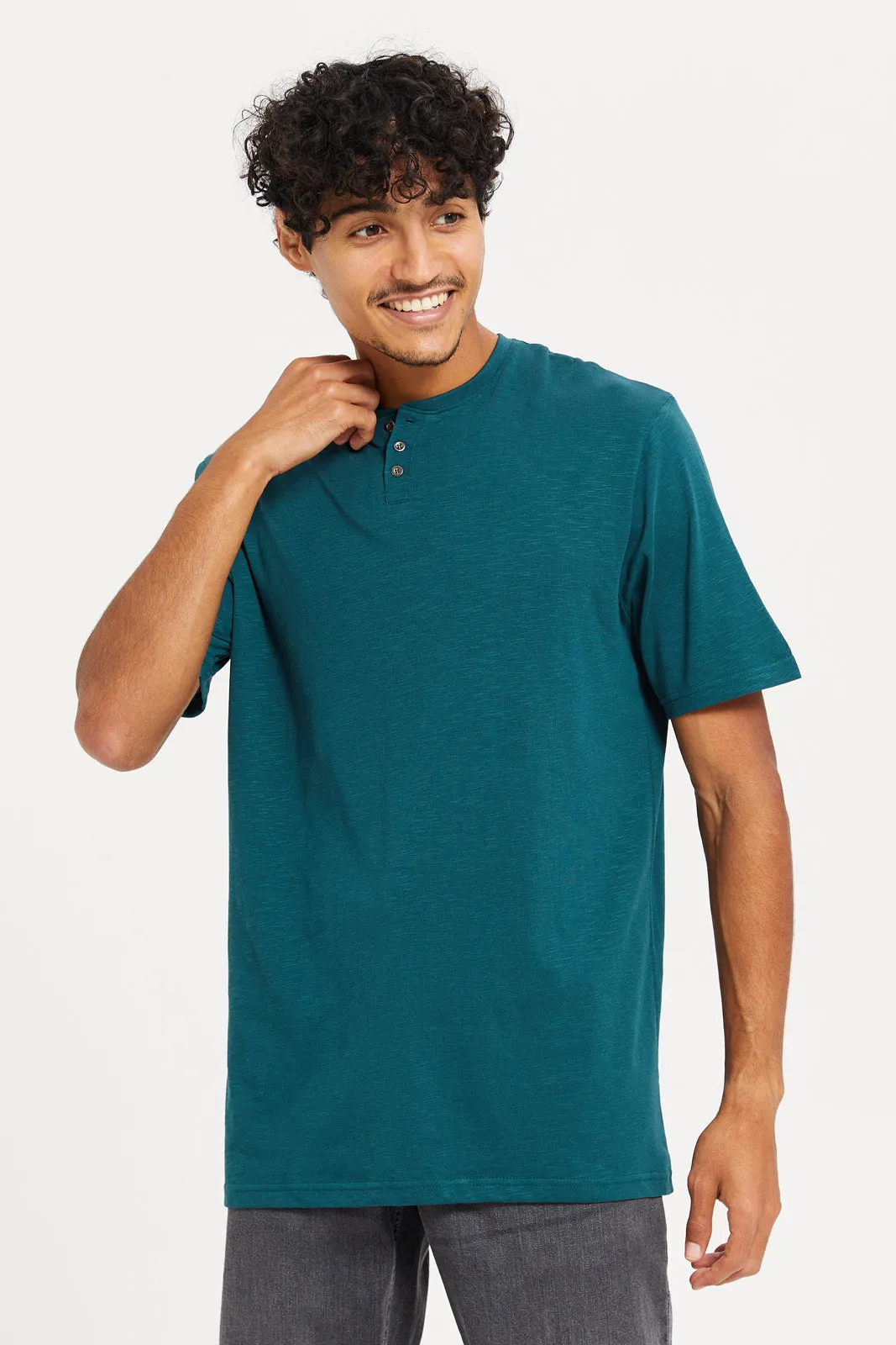 Men Teal Henley T-Shirt