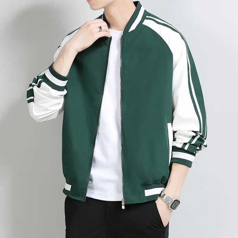 Men Two Tone Zip Up Side Pocket Striped Arm Varsity Bomber Jacket