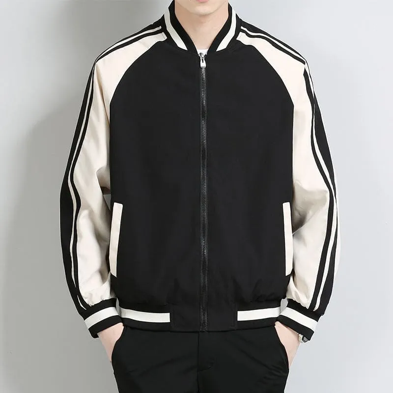 Men Two Tone Zip Up Side Pocket Striped Arm Varsity Bomber Jacket