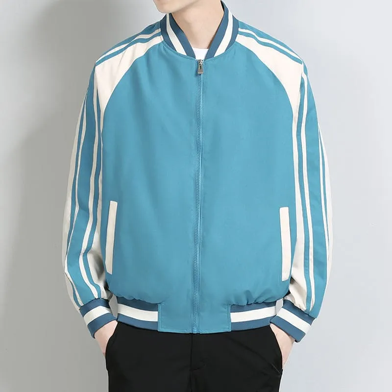 Men Two Tone Zip Up Side Pocket Striped Arm Varsity Bomber Jacket