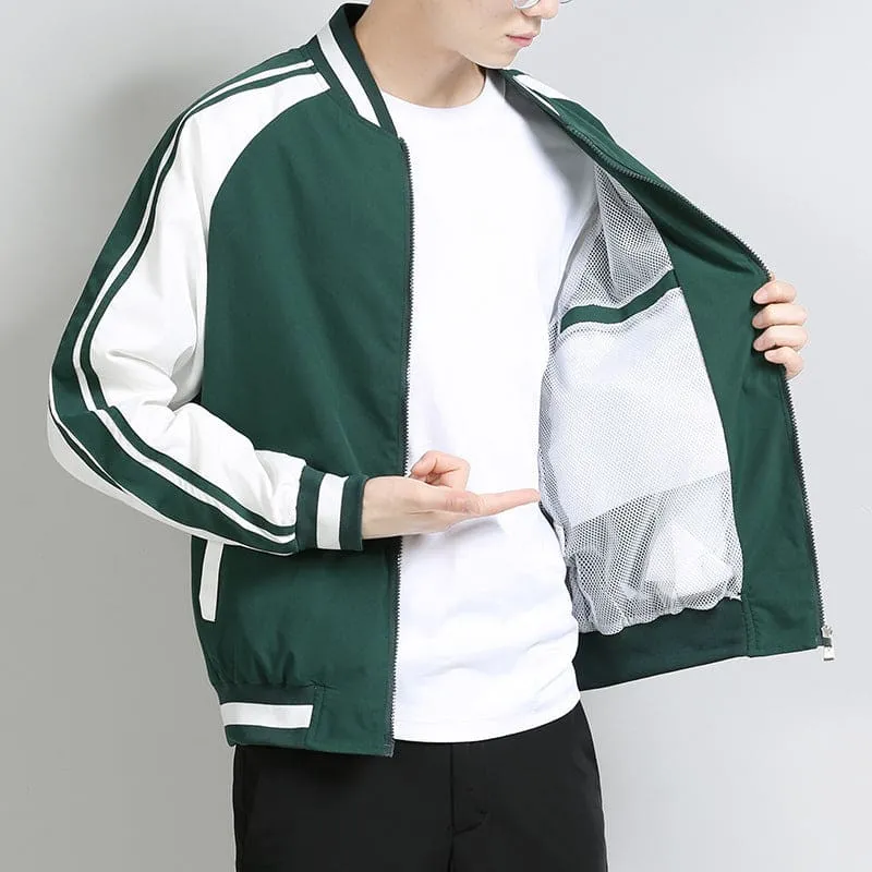 Men Two Tone Zip Up Side Pocket Striped Arm Varsity Bomber Jacket