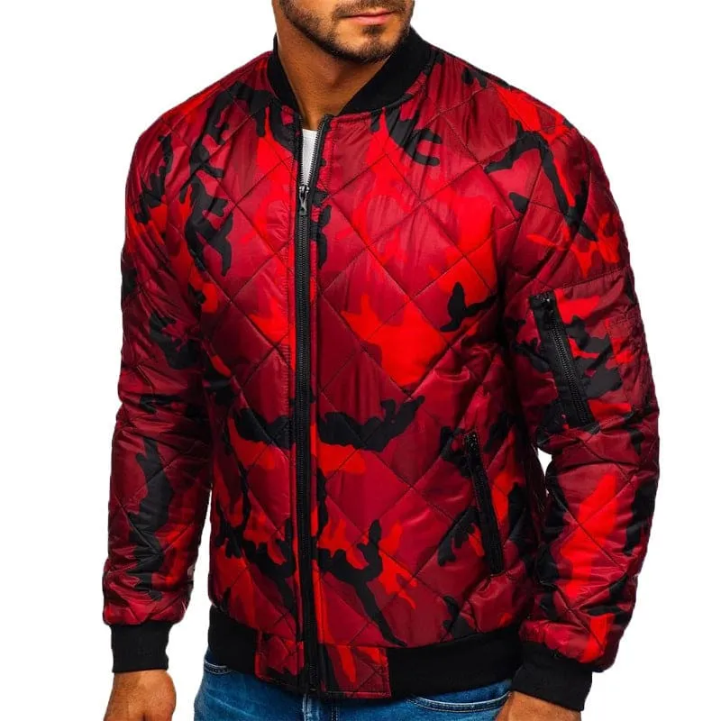 Men Windproof Camo Print Zip Pocket Bomber Jacket