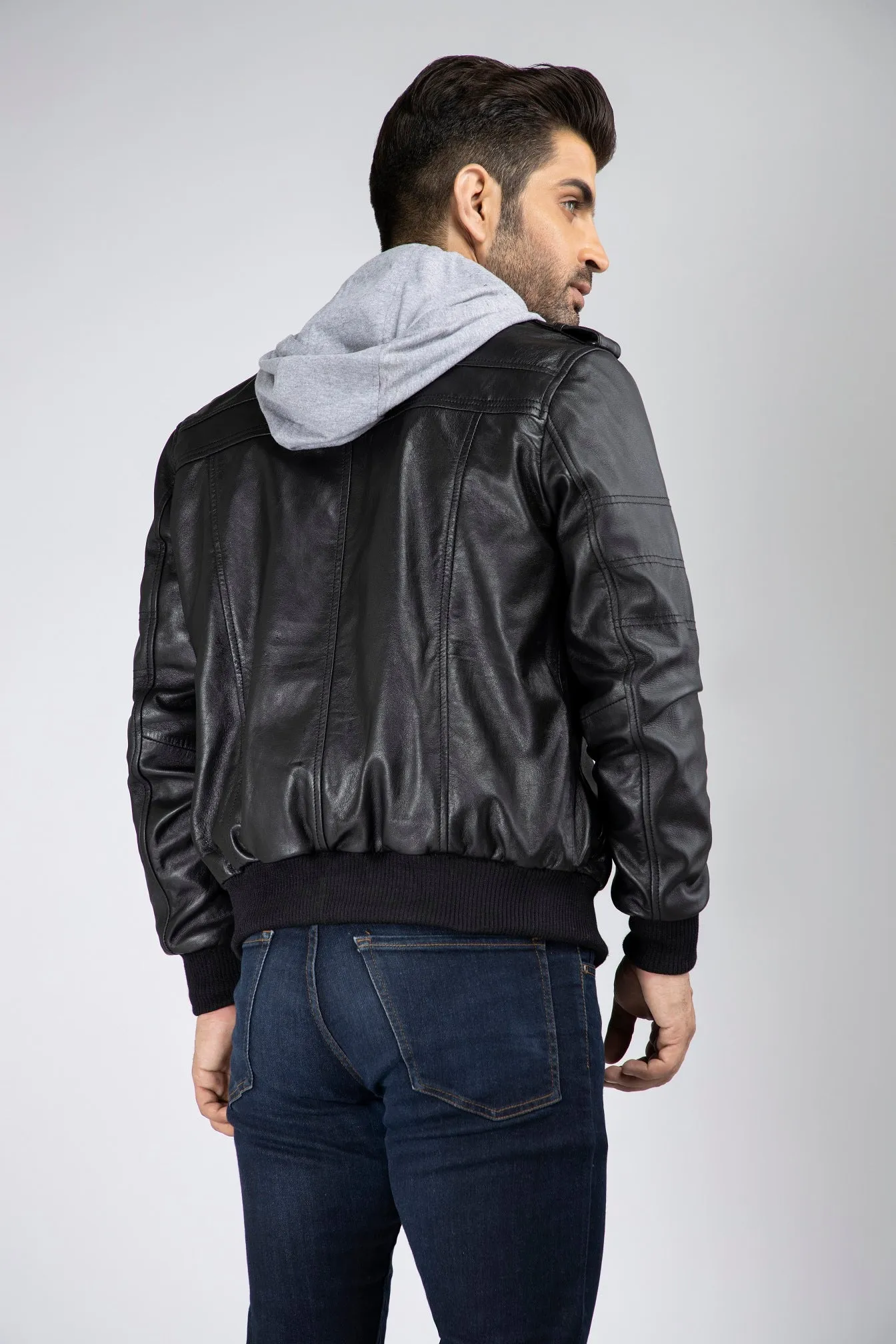 Mens Aace Genuine Leather Hooded Bomber Jacket with Removable Hoodie