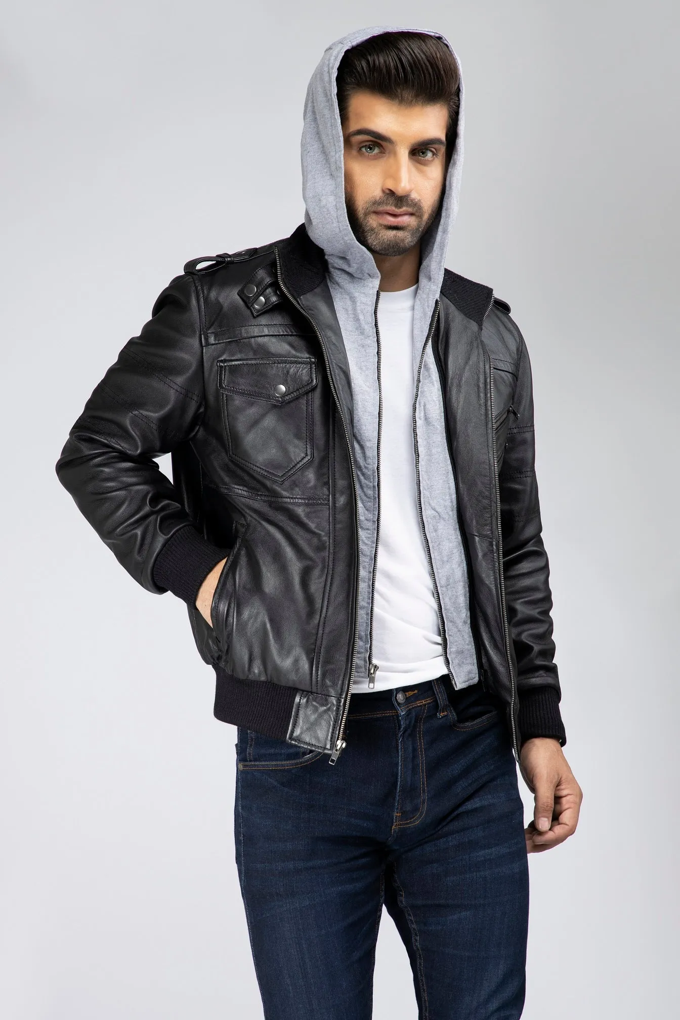 Mens Aace Genuine Leather Hooded Bomber Jacket with Removable Hoodie