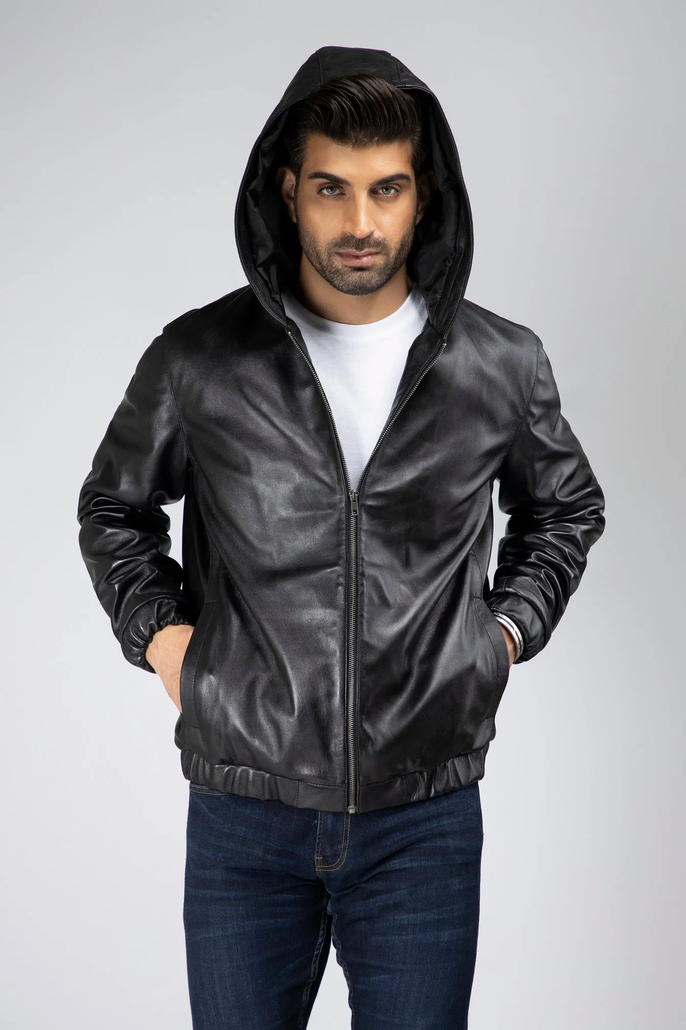 Mens Bardolf Simple Genuine Lambskin Leather Hooded Bomber Jacket