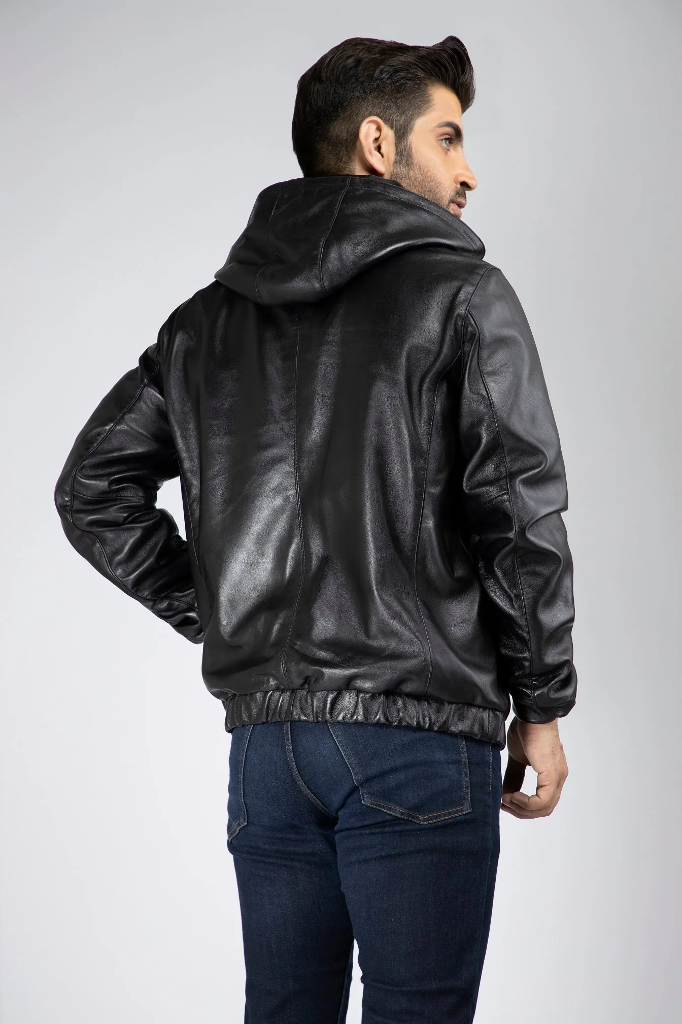 Mens Bardolf Simple Genuine Lambskin Leather Hooded Bomber Jacket