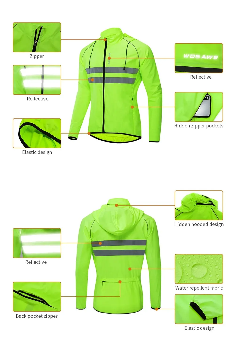 Men's Cycling Jacket Hooded Reflective Vest Wind Coat Windproof MTB Bike Windbreaker Riding Bicycle  Cycle Clothing