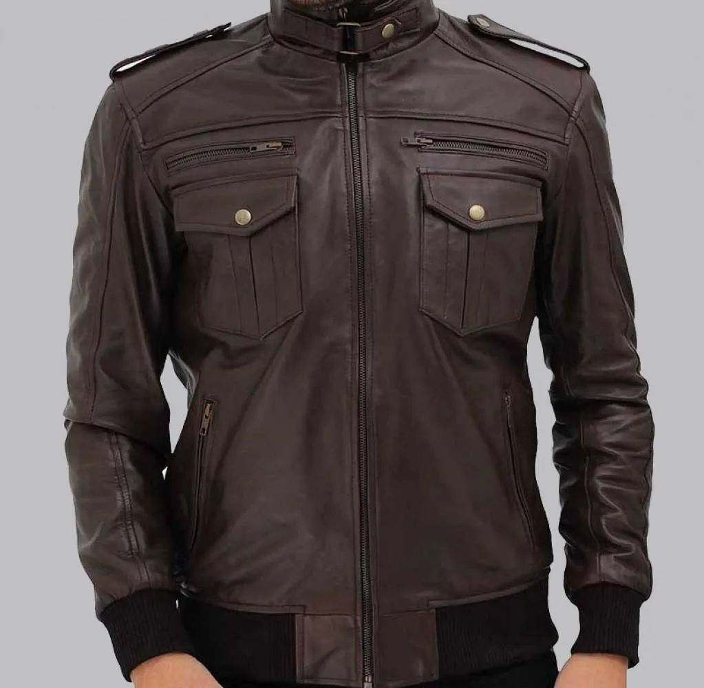 Men's Dark Brown Leather Bomber Jacket