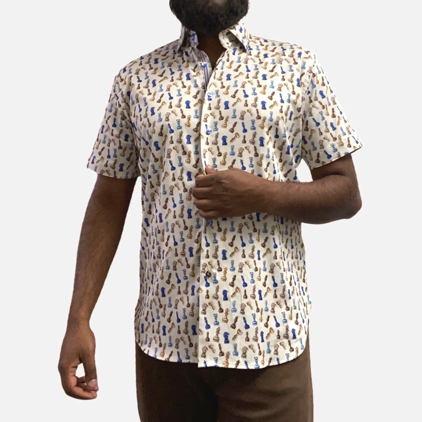 Mens Summer Sports Shirt with Chess Print Design | Beige