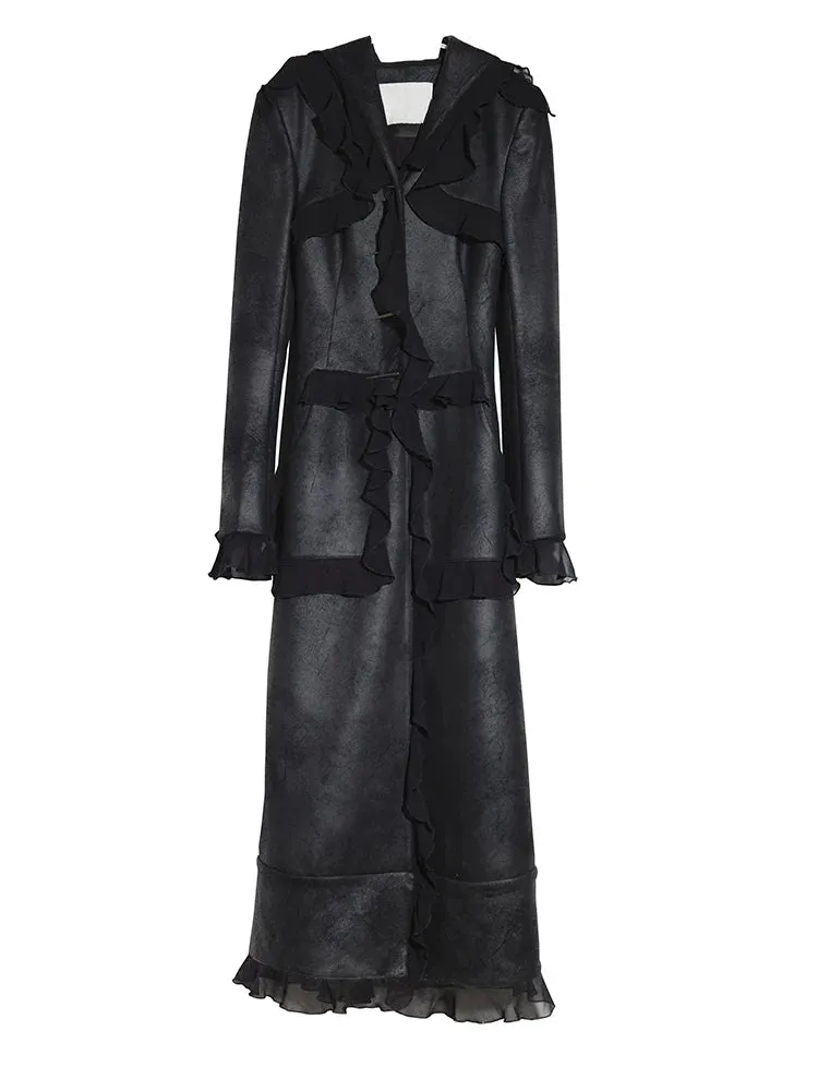 Merseki Vegan Suede Long Ruffle Coat