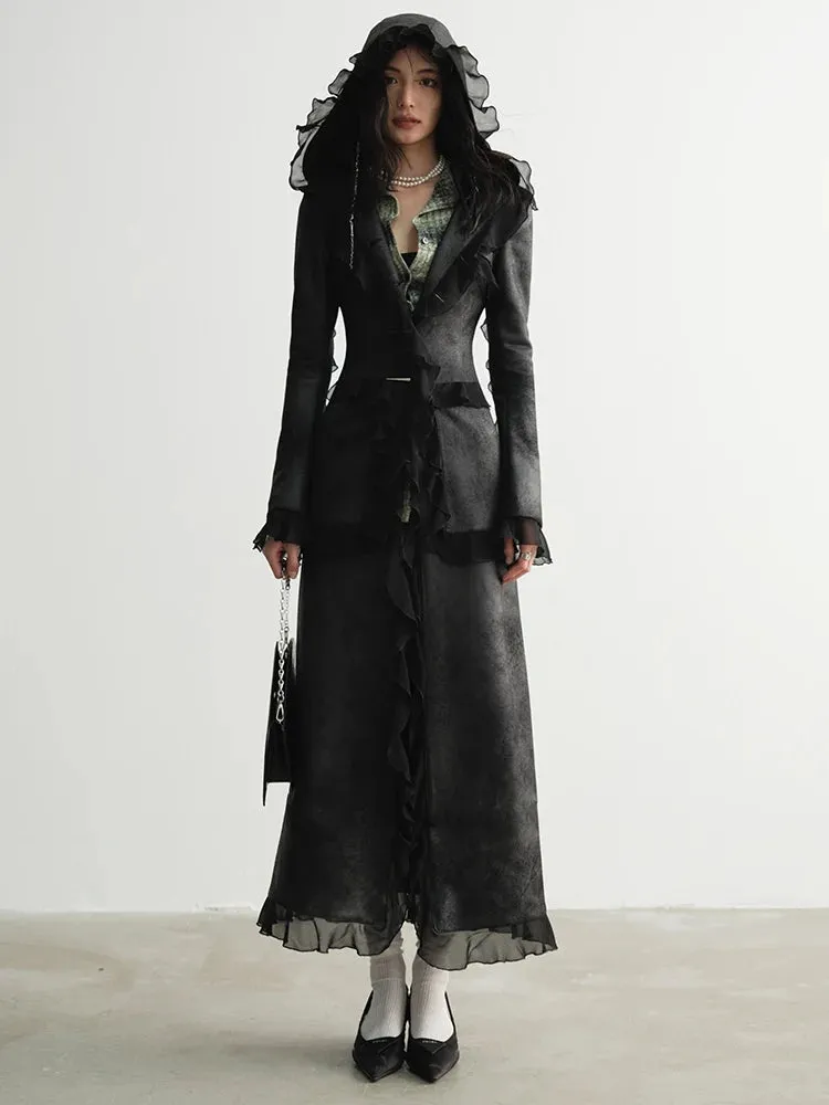 Merseki Vegan Suede Long Ruffle Coat