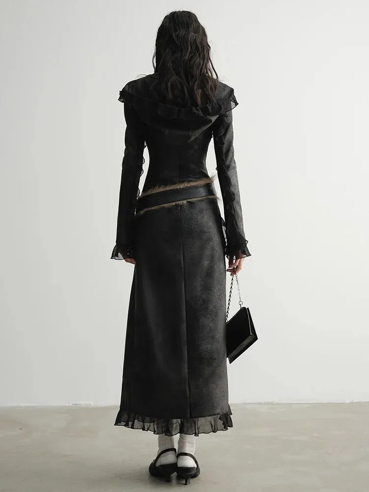 Merseki Vegan Suede Long Ruffle Coat