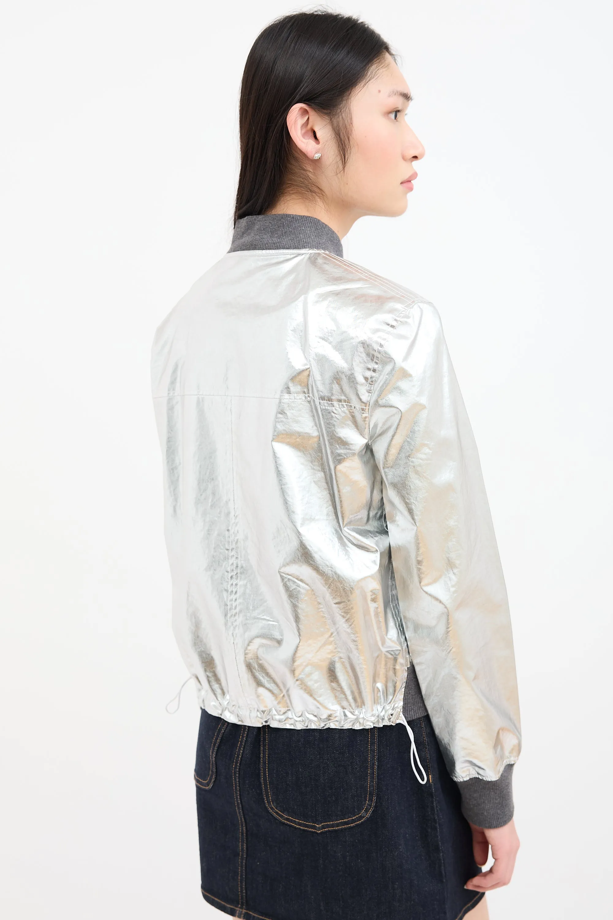 Metallic Silver Grommet Bomber Jacket