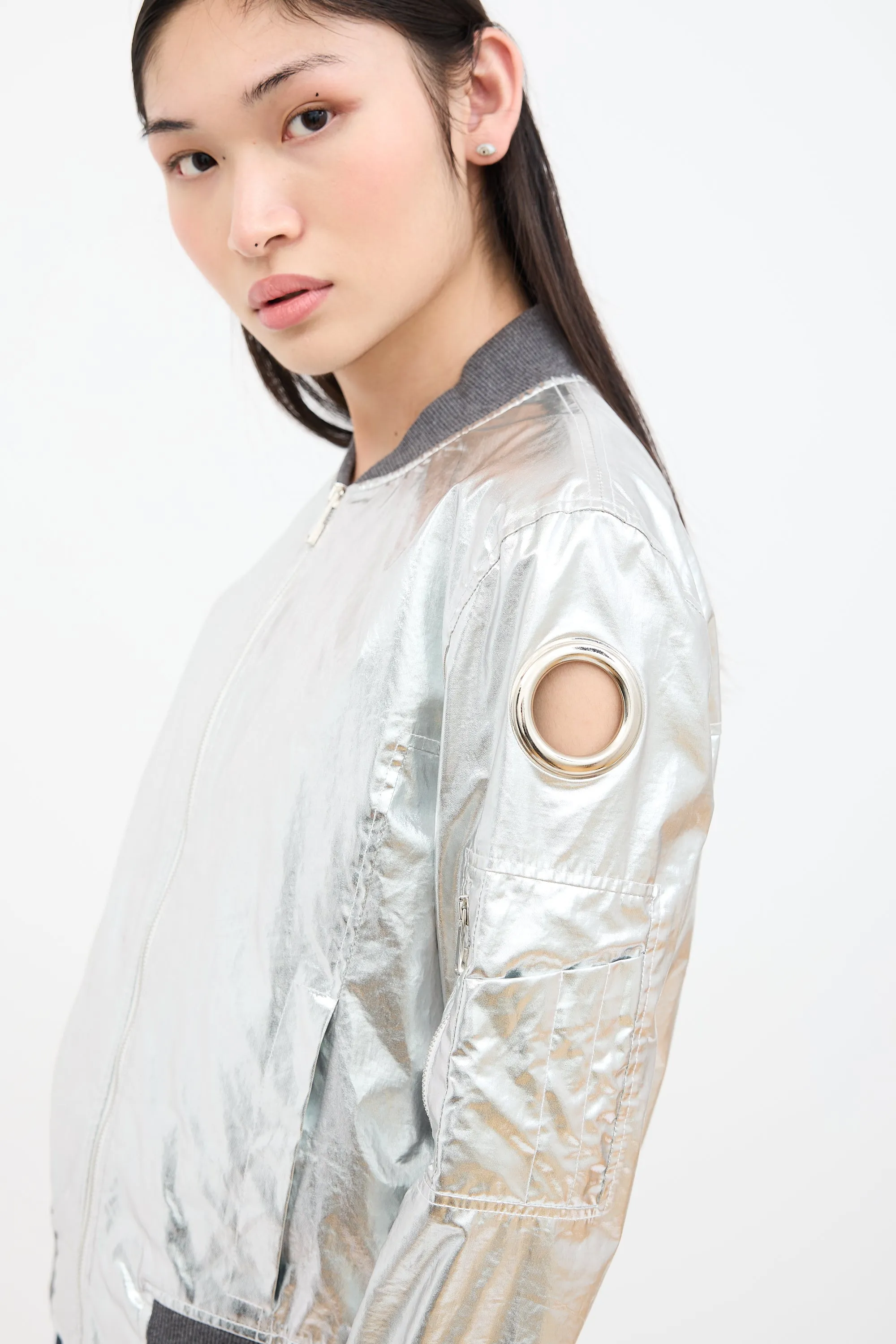 Metallic Silver Grommet Bomber Jacket