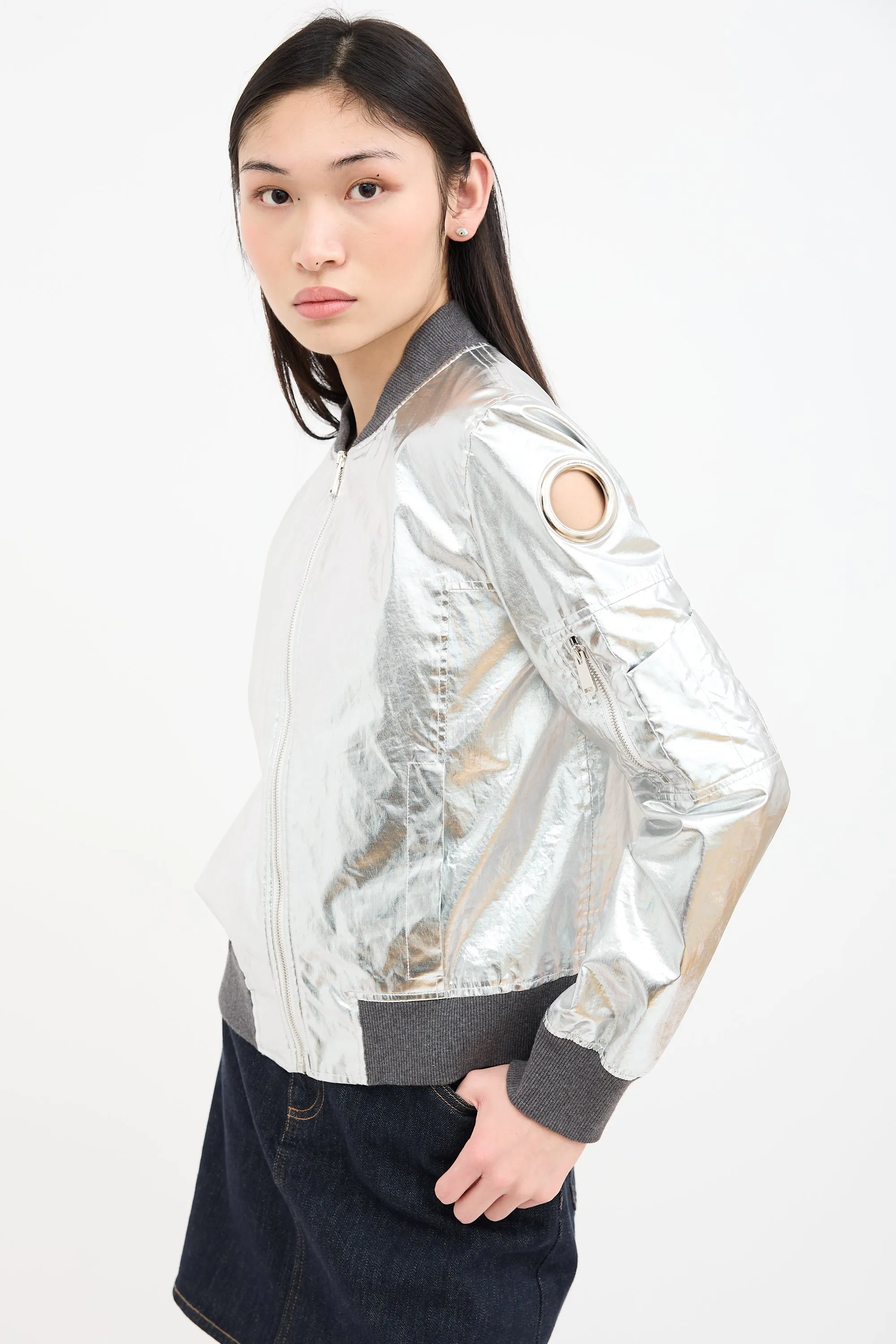 Metallic Silver Grommet Bomber Jacket