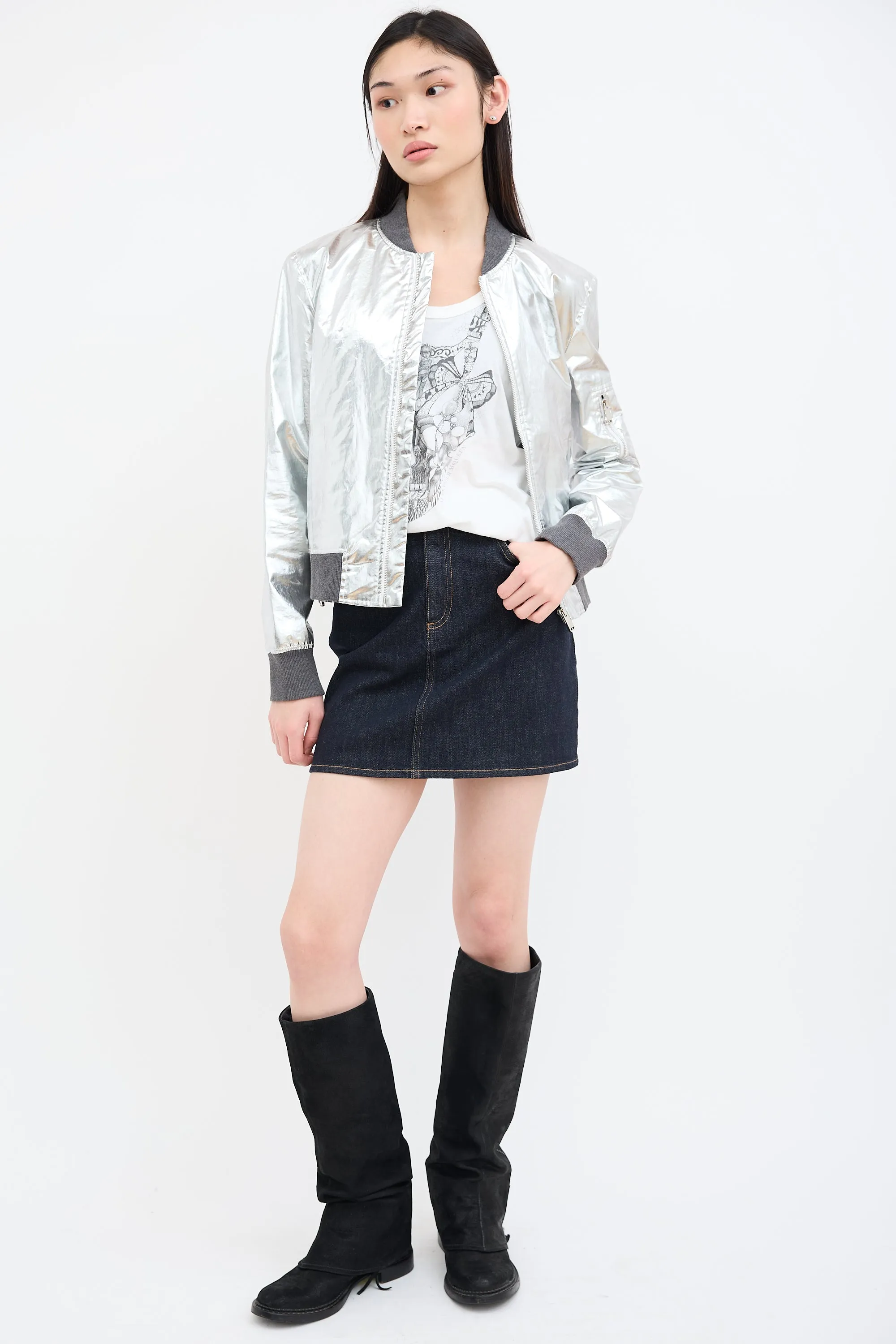 Metallic Silver Grommet Bomber Jacket