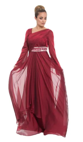 Michel Long Sleeve Silk Modest Muslim Formal Evening Dress - Maroon Red - FINAL SALE