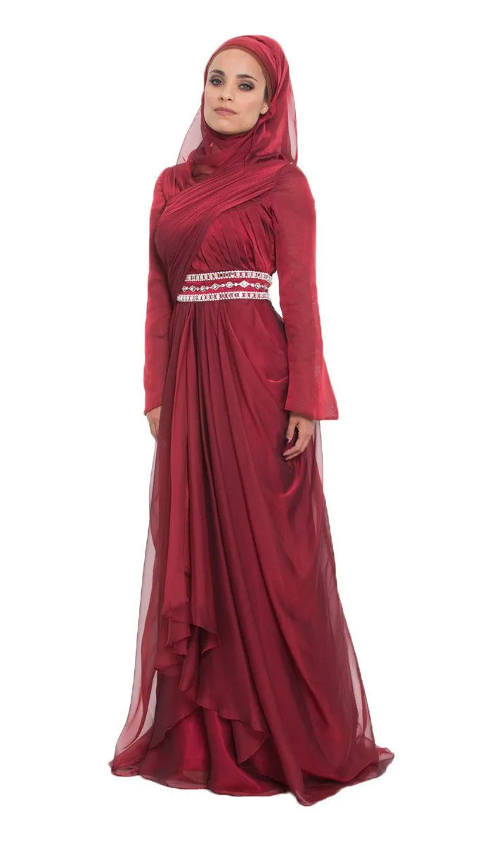 Michel Long Sleeve Silk Modest Muslim Formal Evening Dress - Maroon Red - FINAL SALE