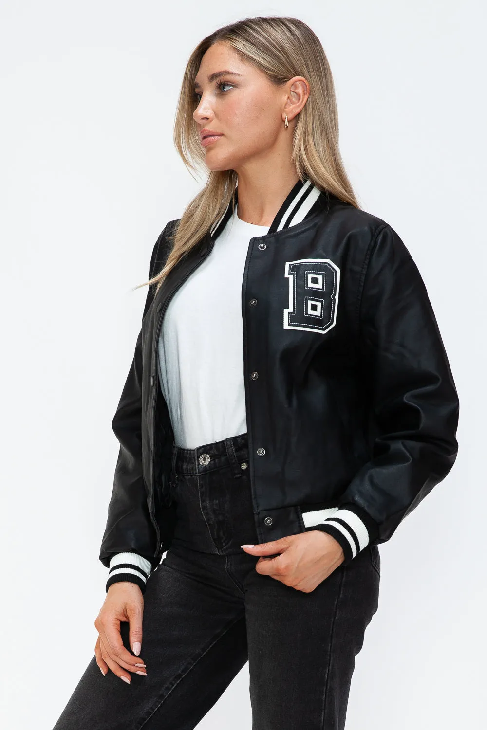 Midnight Black PU Leather Contrast Snap Down Bomber Jacket