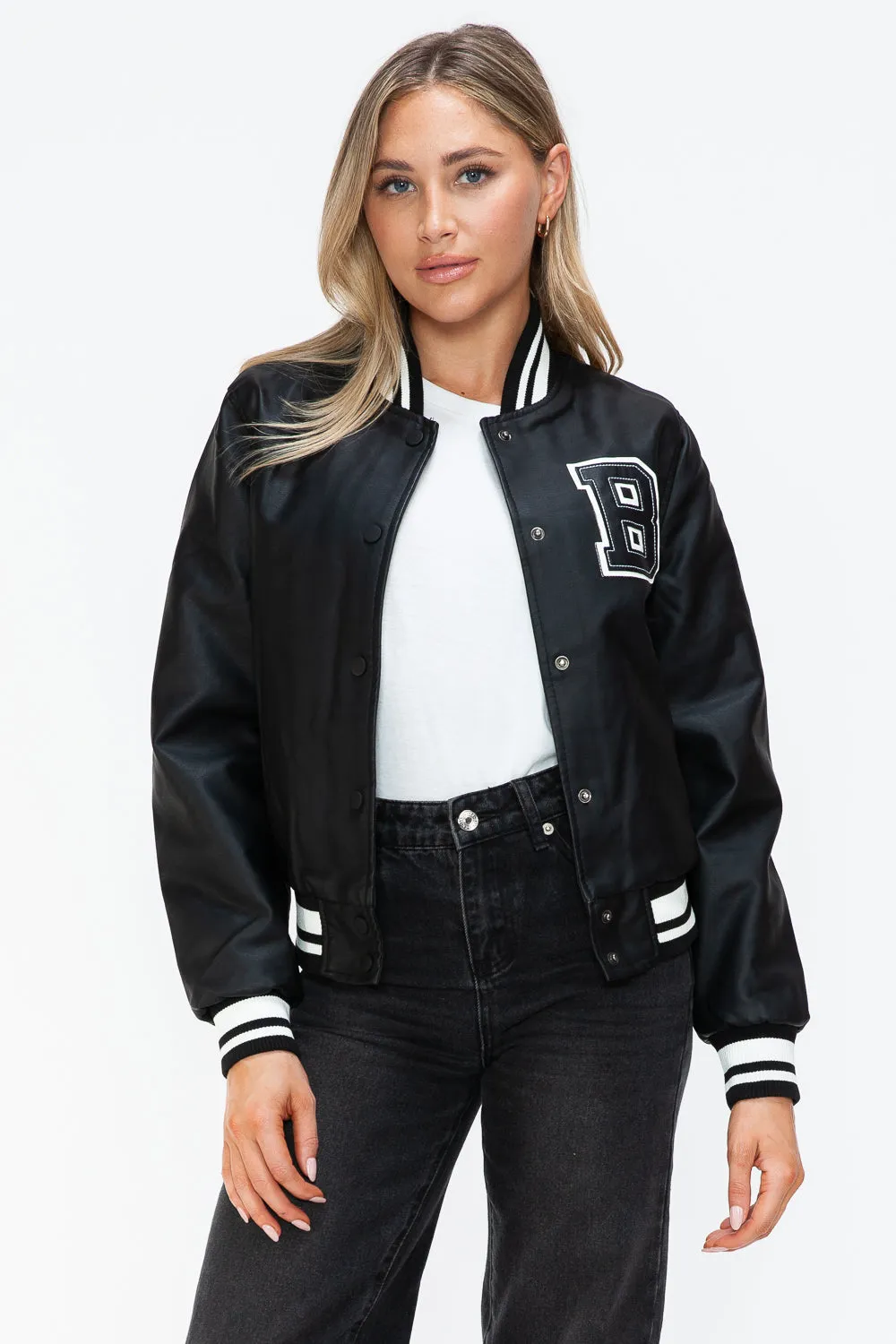 Midnight Black PU Leather Contrast Snap Down Bomber Jacket