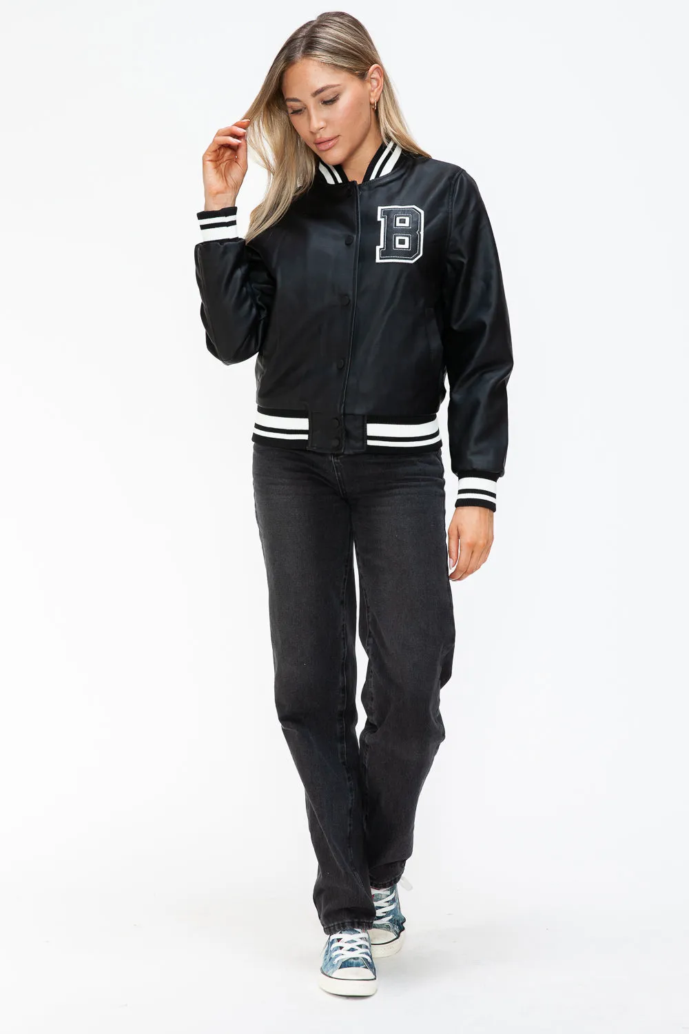 Midnight Black PU Leather Contrast Snap Down Bomber Jacket