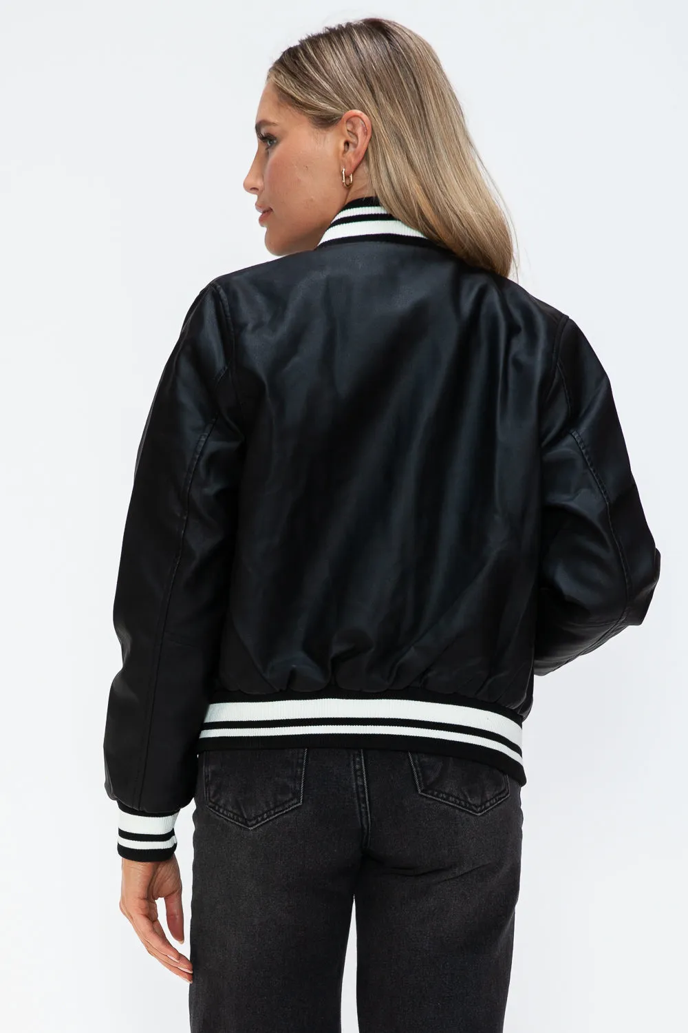 Midnight Black PU Leather Contrast Snap Down Bomber Jacket