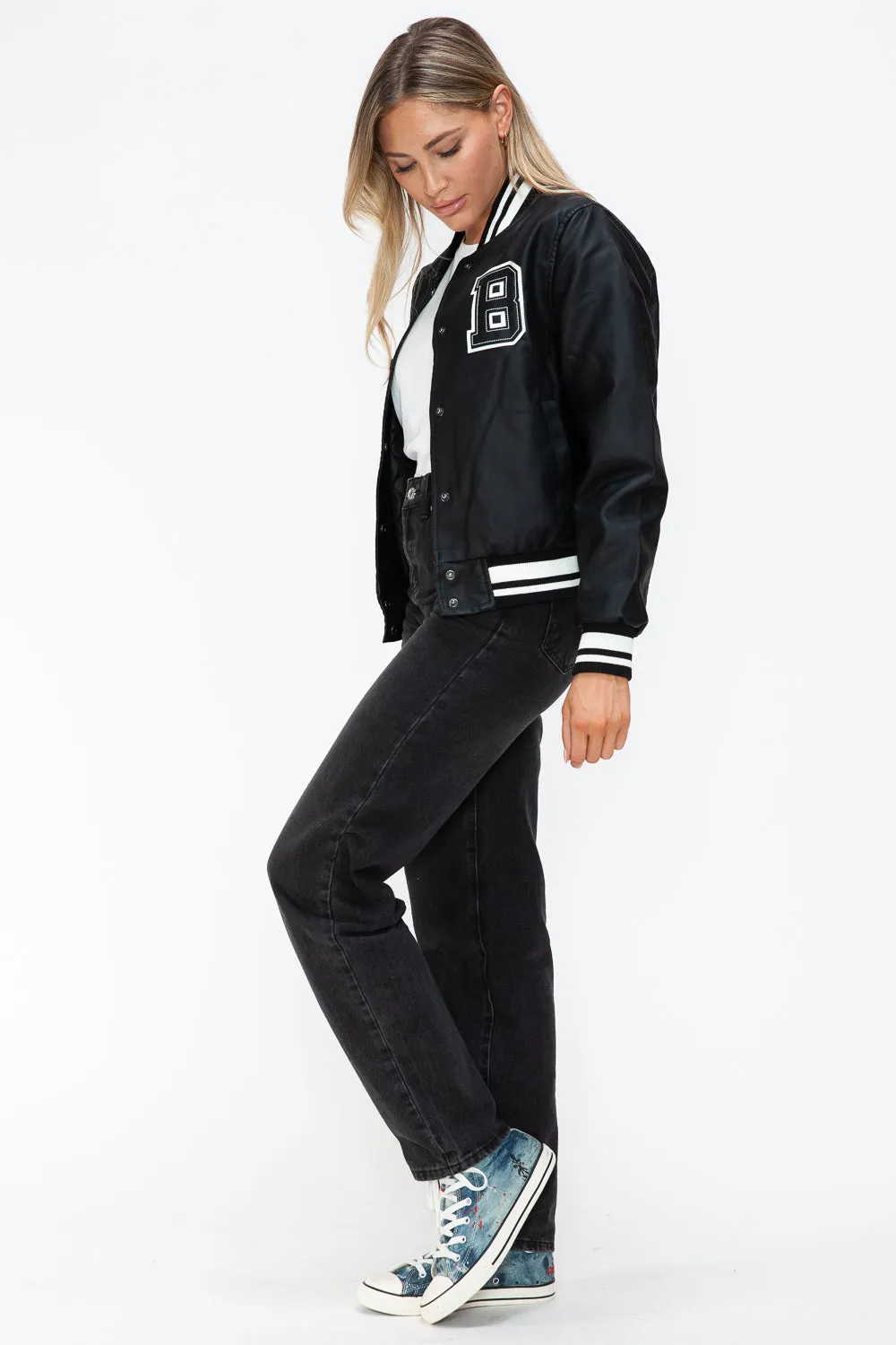 Midnight Black PU Leather Contrast Snap Down Bomber Jacket