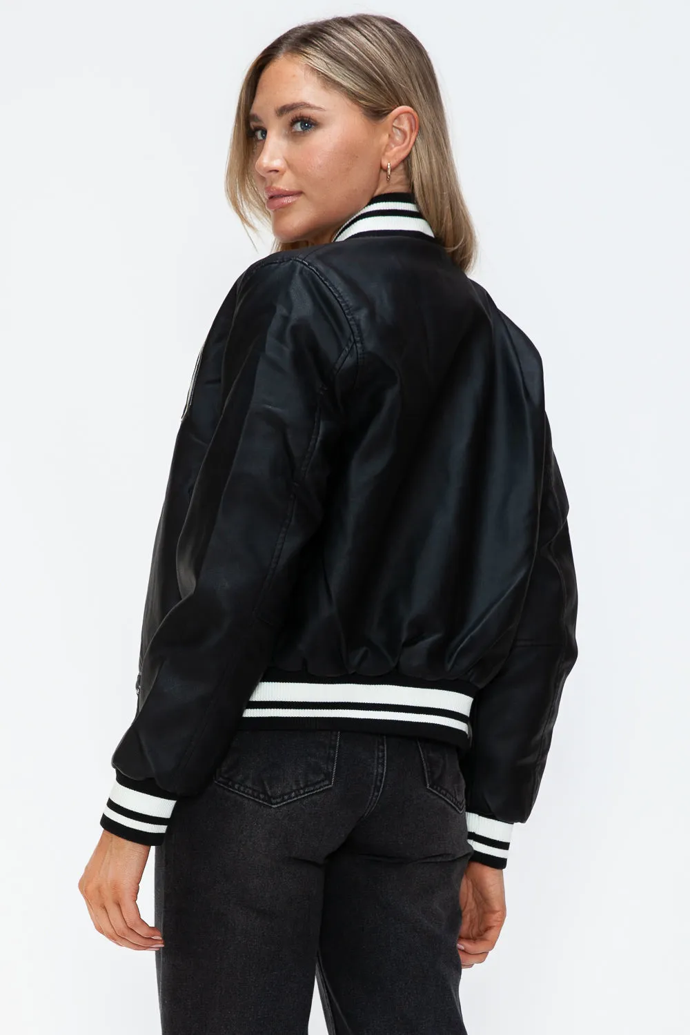 Midnight Black PU Leather Contrast Snap Down Bomber Jacket