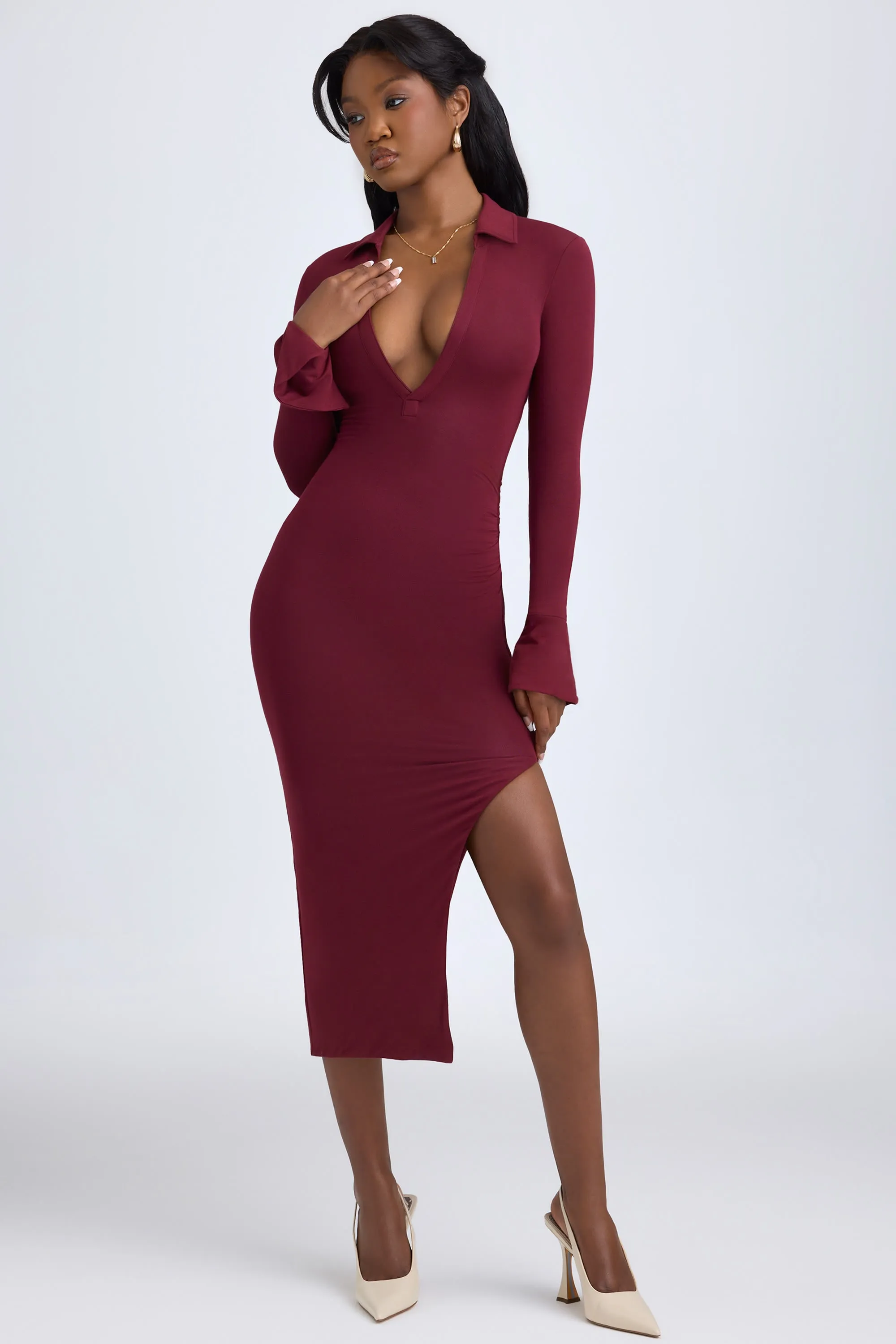 Modal Plunge V-Neck Midaxi Dress in Wine Red