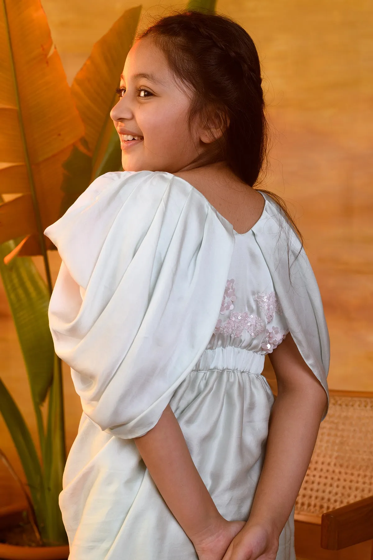 Moonlight Glide- V-Neckline Drape Dress For Girls