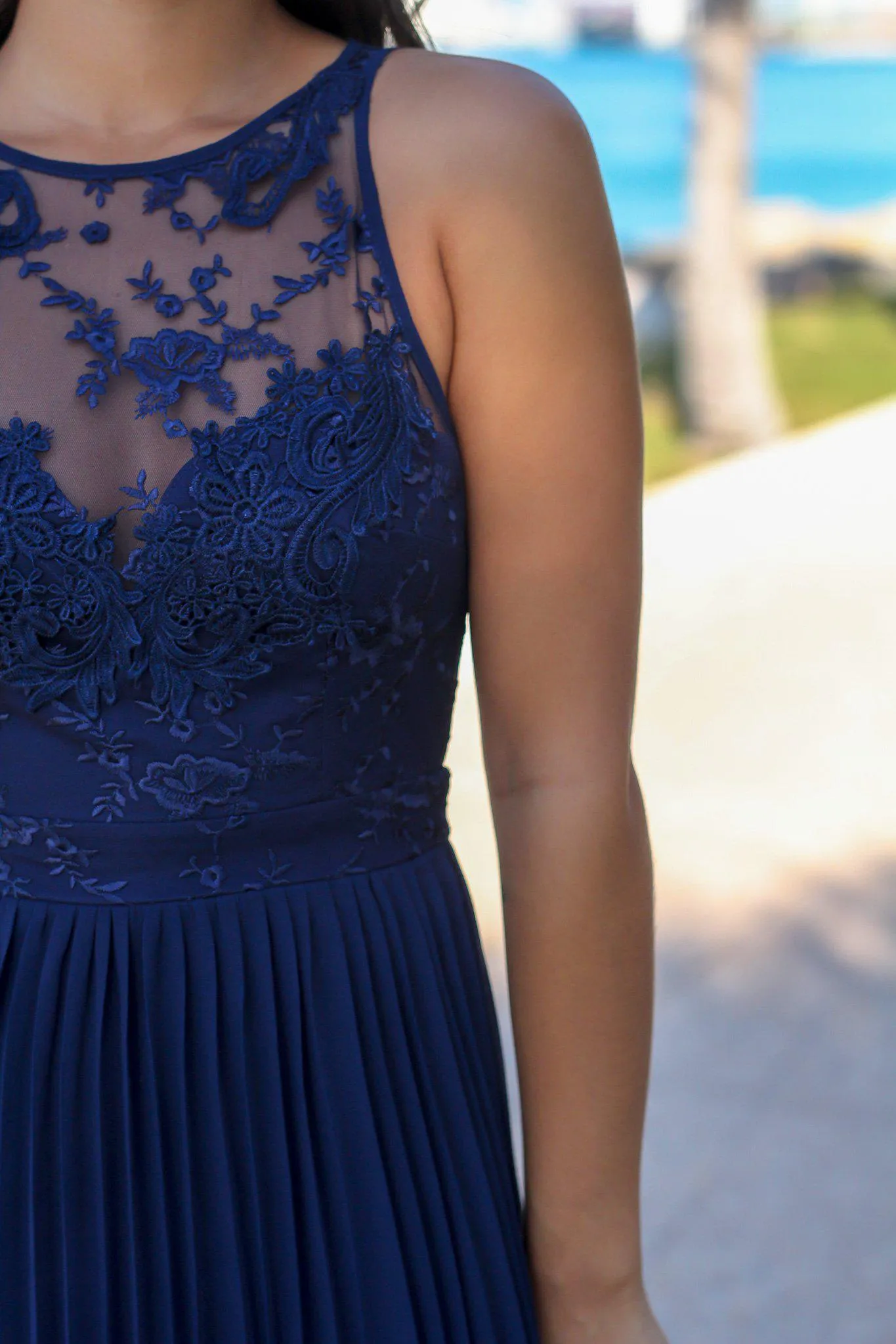 Navy Pleated Maxi Dress with Embroidered Top