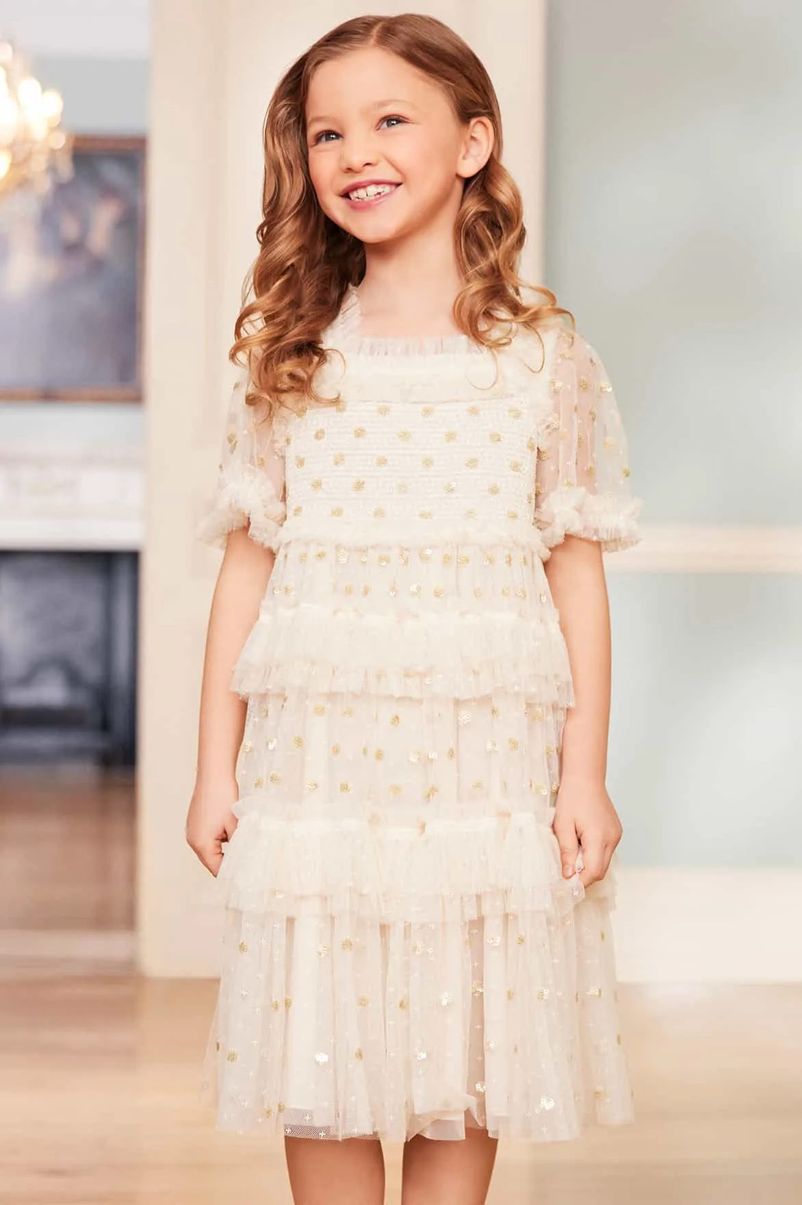 Needle & Thread Girls Polka Dot Smocked Dress in Ivory