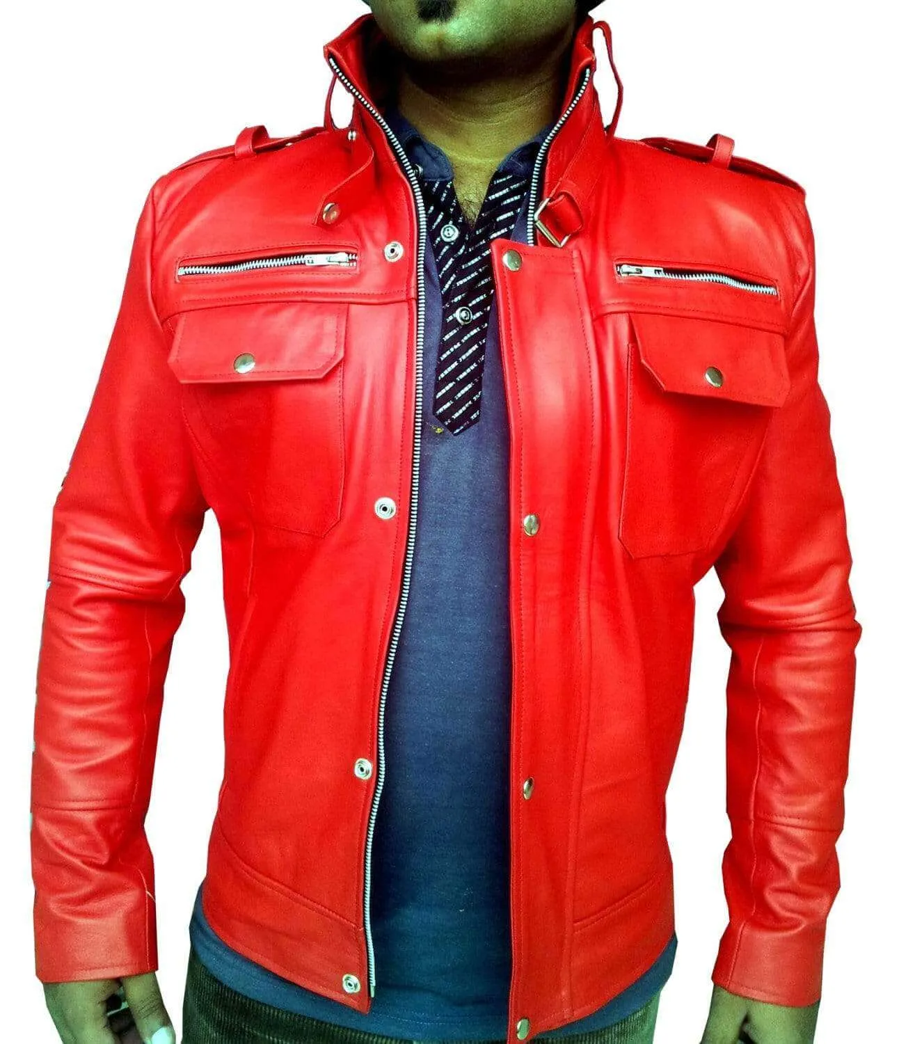 New Men's Red Bomber Slim Fit Leather Jacket, Men leather jacket