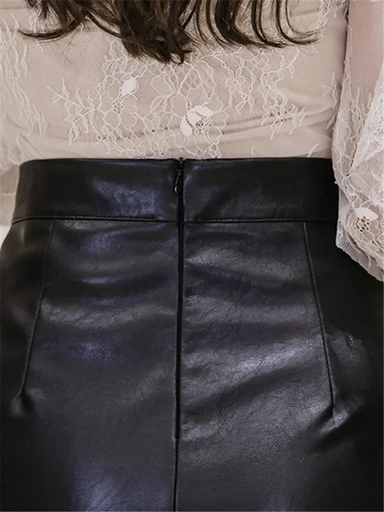 New PU Leather Office Lady High-Waist Slim Midi Skirt Bottom