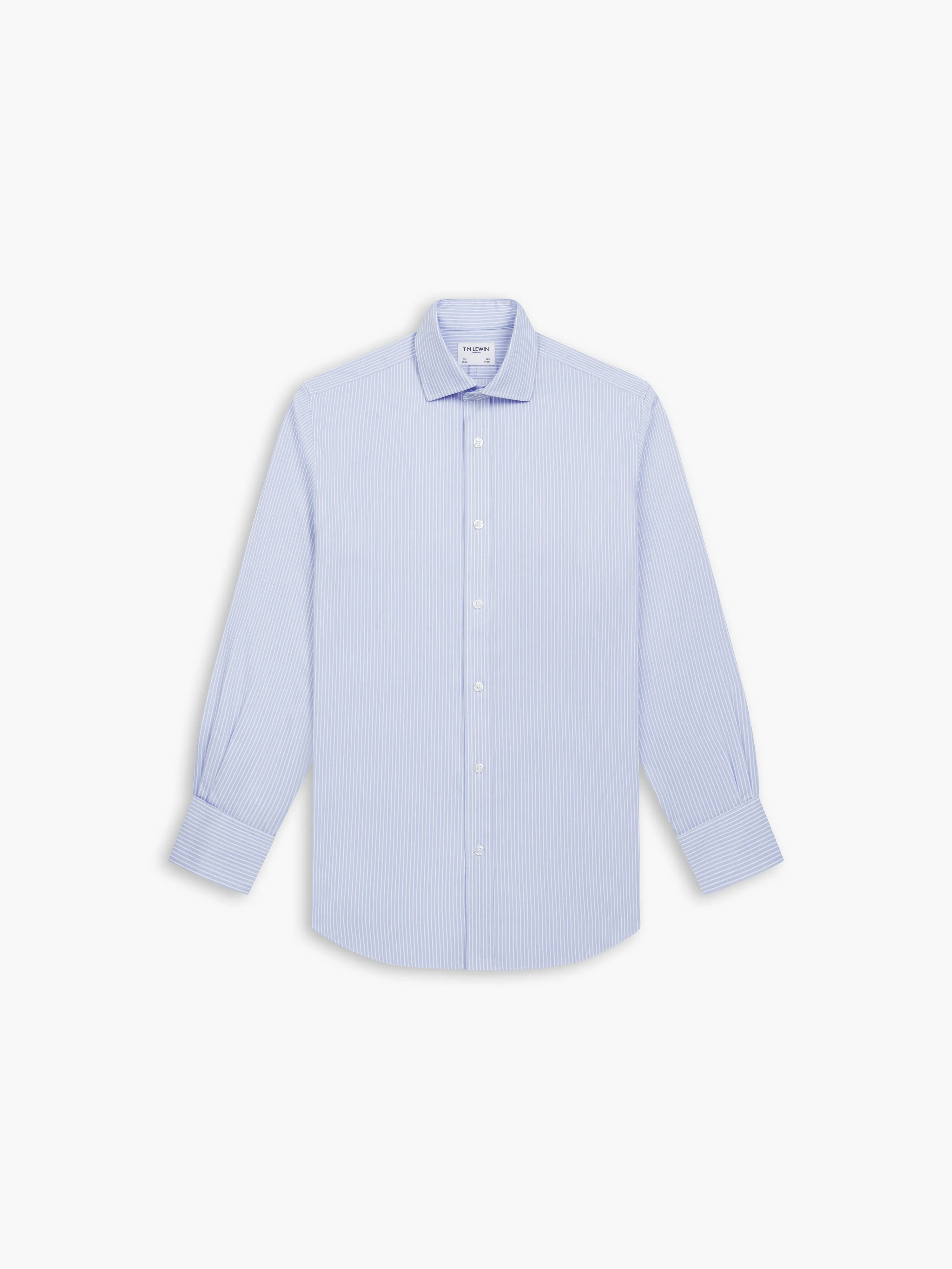 Non-Iron Blue Chalk Stripe Twill Fitted Double Cuff Classic Collar Shirt