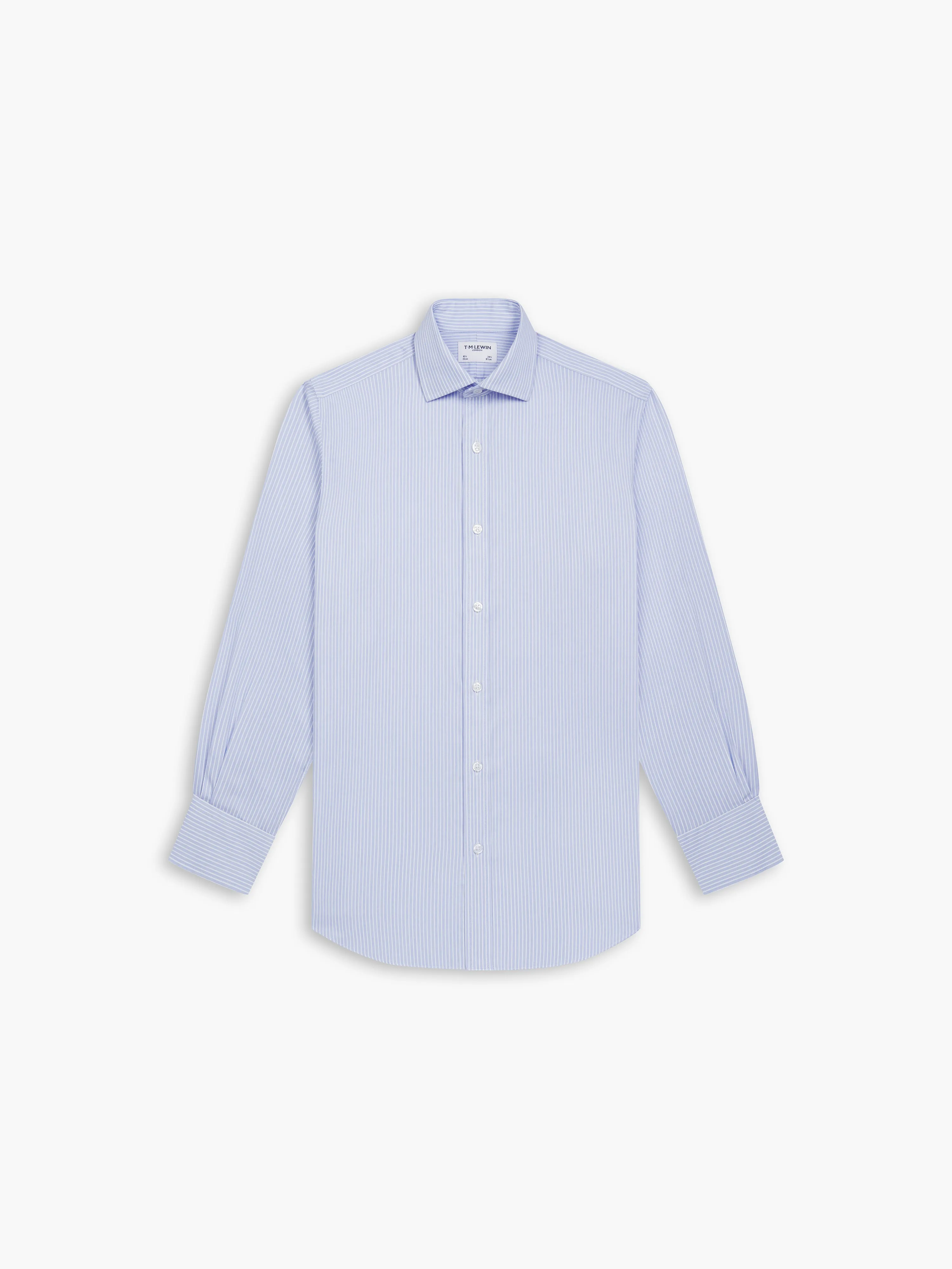 Non-Iron Light Blue Chalk Stripe Twill Fitted Single Cuff Classic Collar Shirt