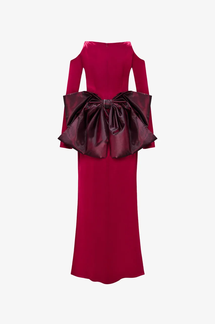 Off-Shoulder Dramatic Bow Accent Silk Gown