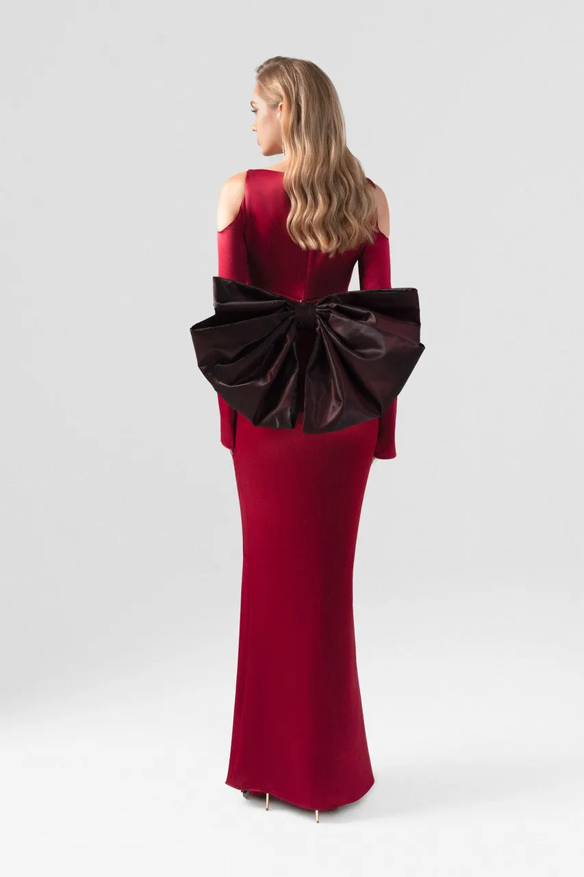 Off-Shoulder Dramatic Bow Accent Silk Gown