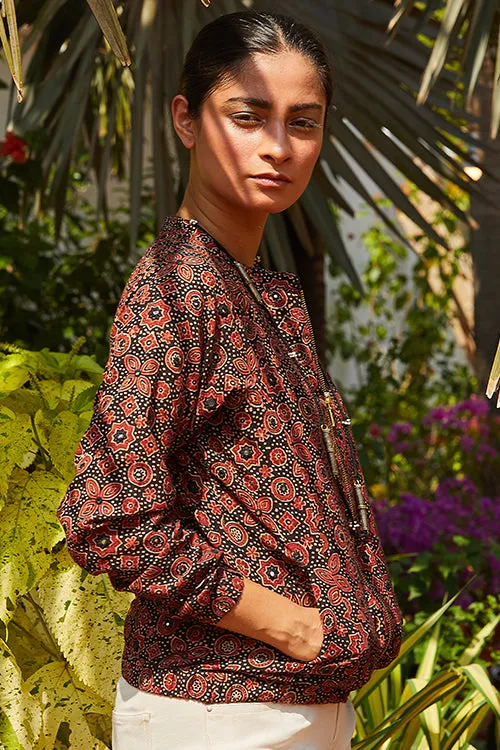 Okhai 'Raisin' Pure Cotton Ajrakh Handblock Printed Bomber Jacket