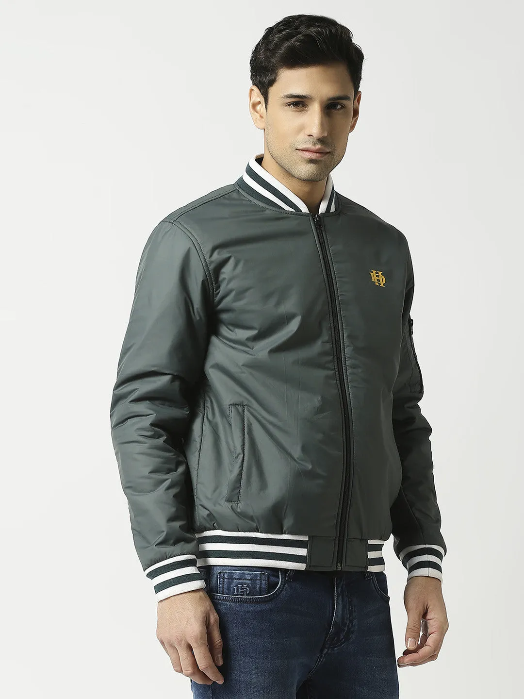 Olive Green Bomber Jacket with Striped Trim