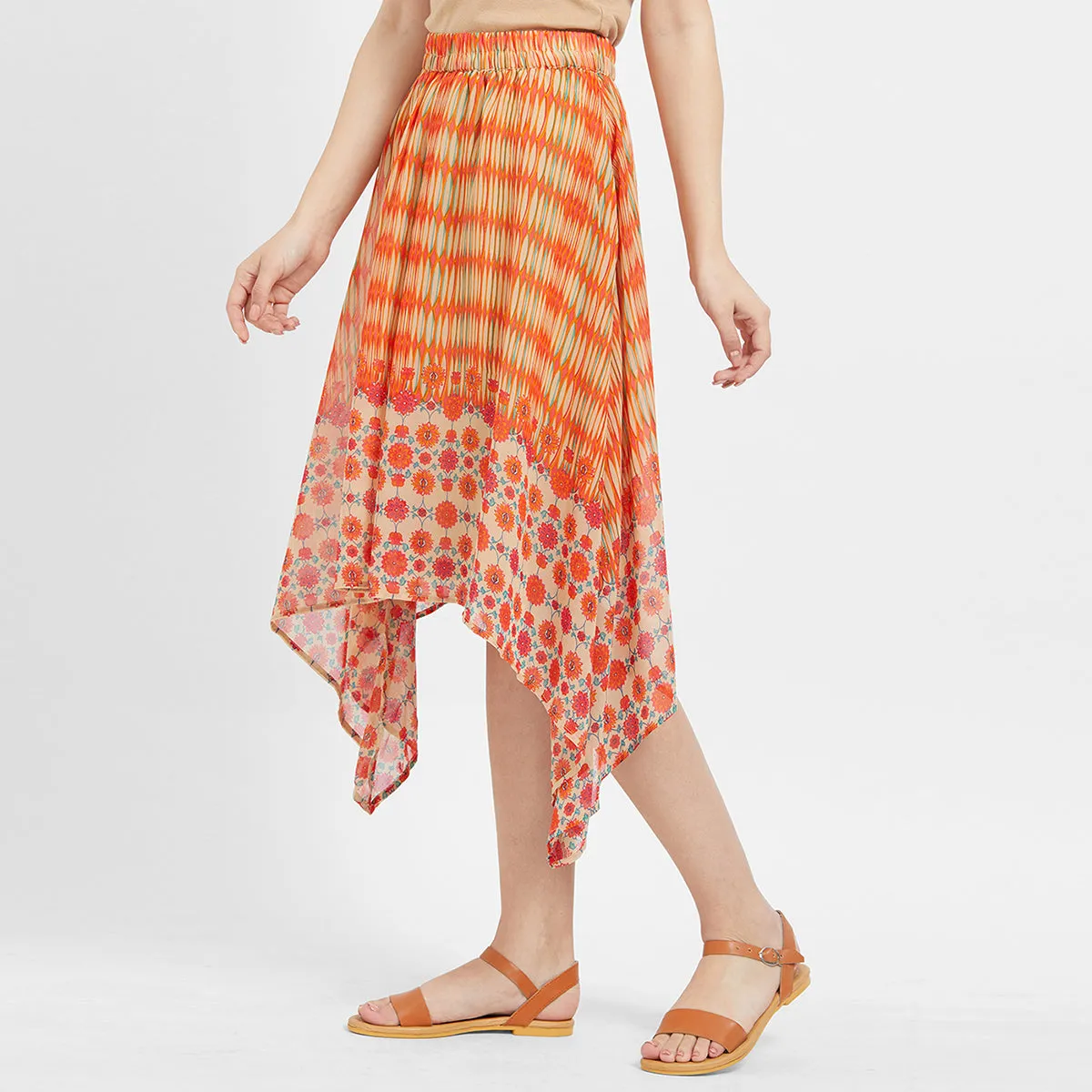 Orange Printed High Low Skirt