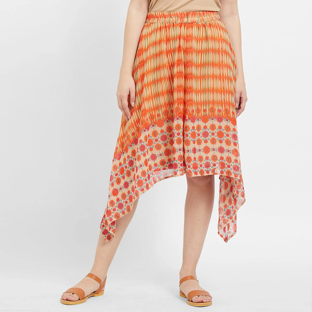 Orange Printed High Low Skirt