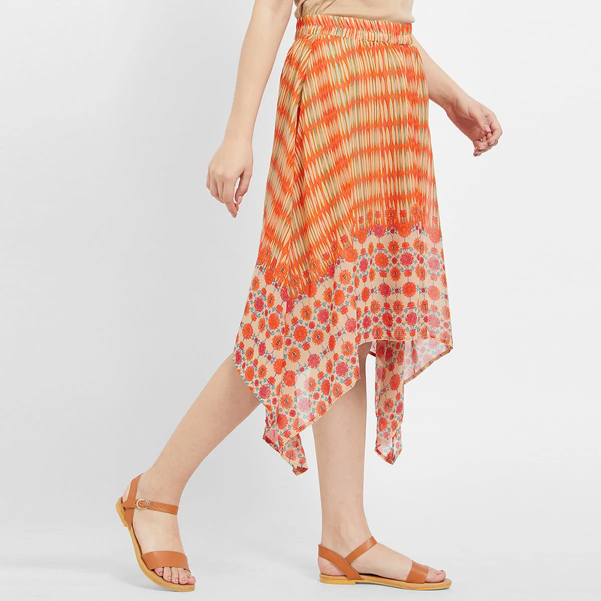 Orange Printed High Low Skirt