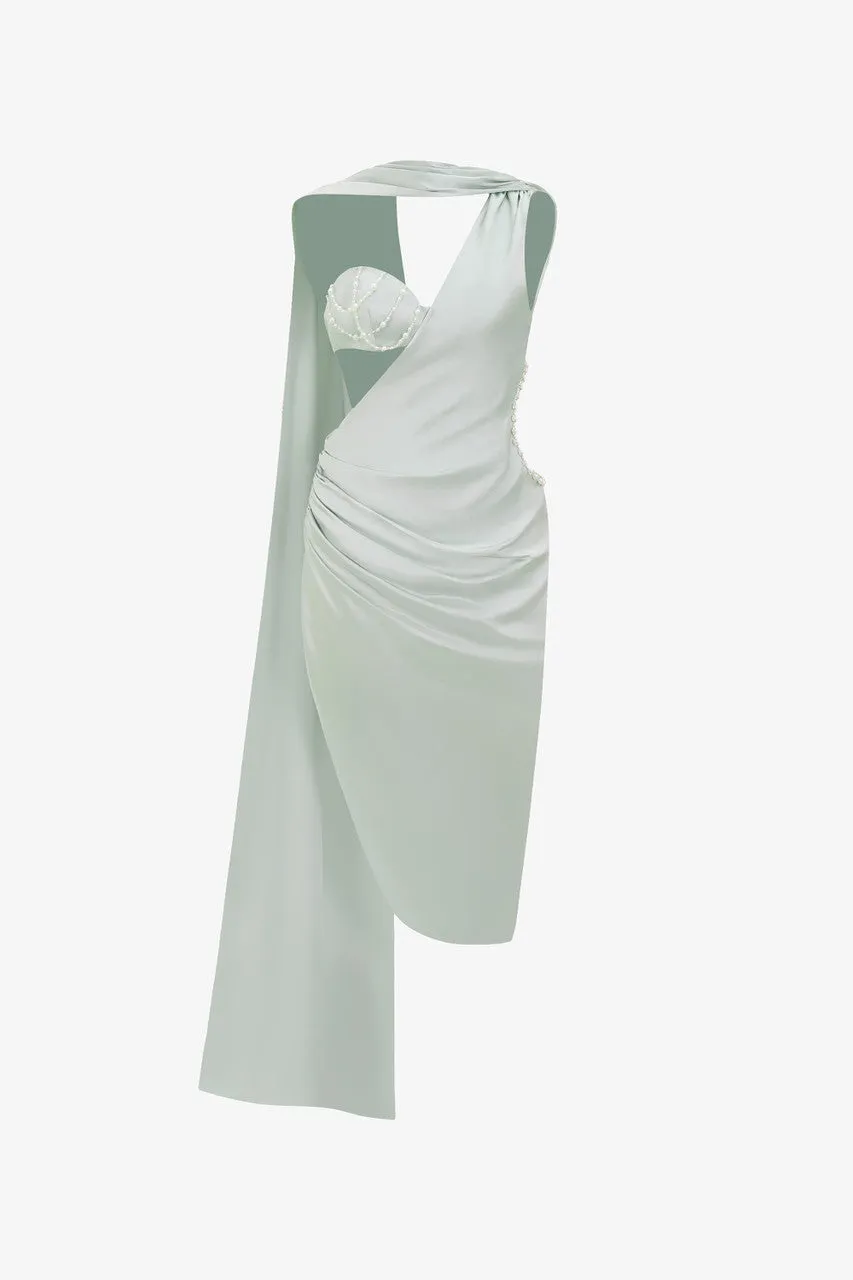 Pearl Waist Accent Cut-Out Silk Midi Dress