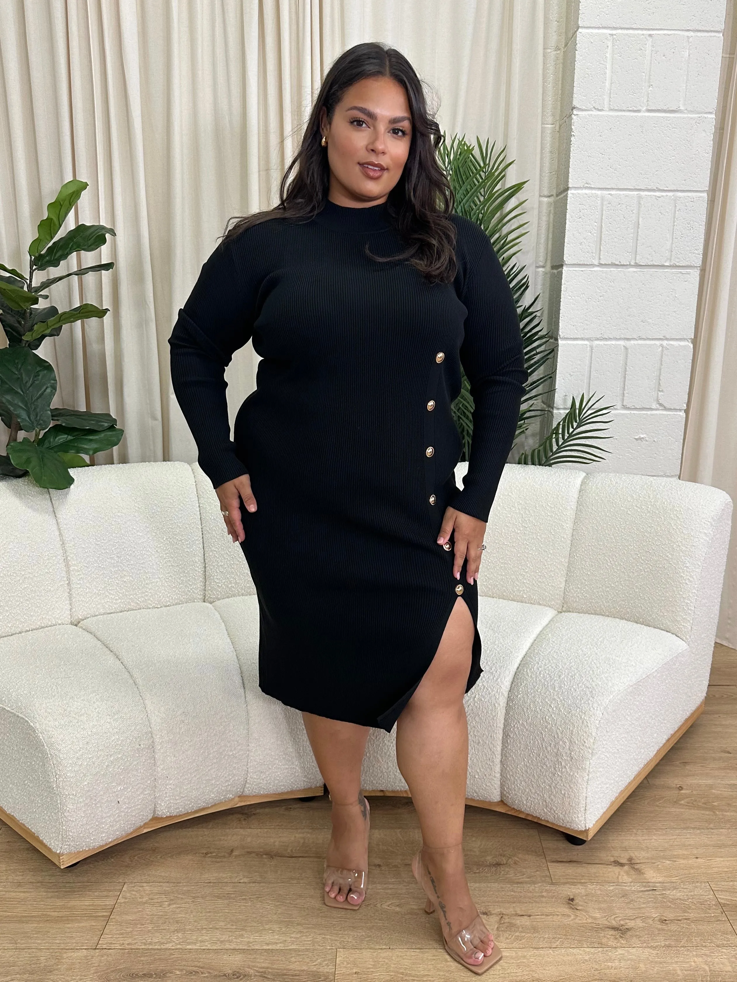 Peggy Black Button Down Knitted Plus Size Dress