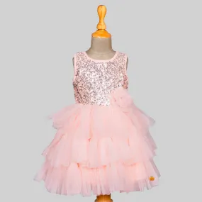 Pink Sequin Layered Net Girls Frock