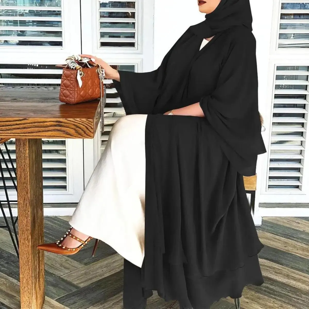 Plain Double Layered Chiffon Open Abaya (MOA002)