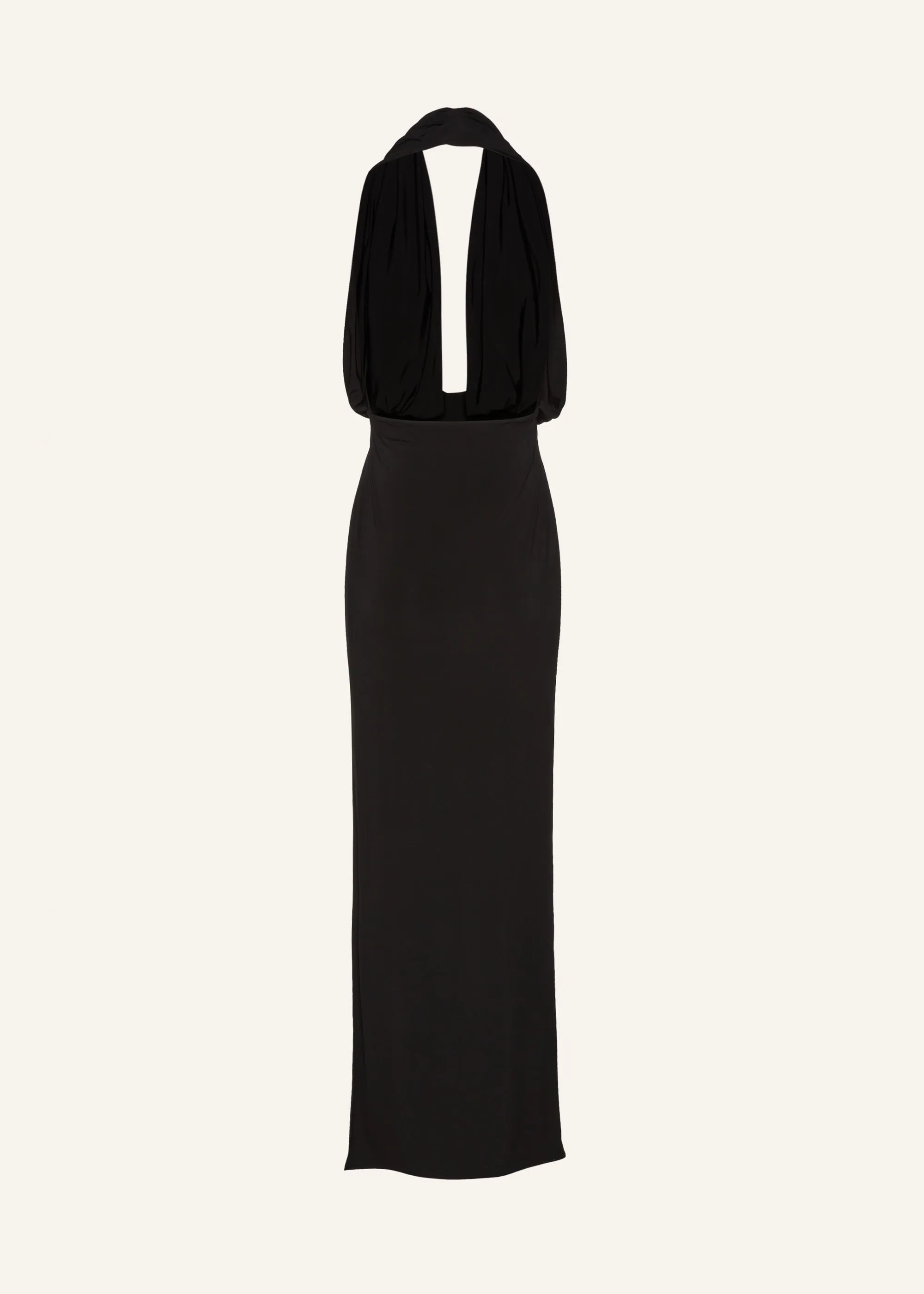 Plunge halter jersey gown in black