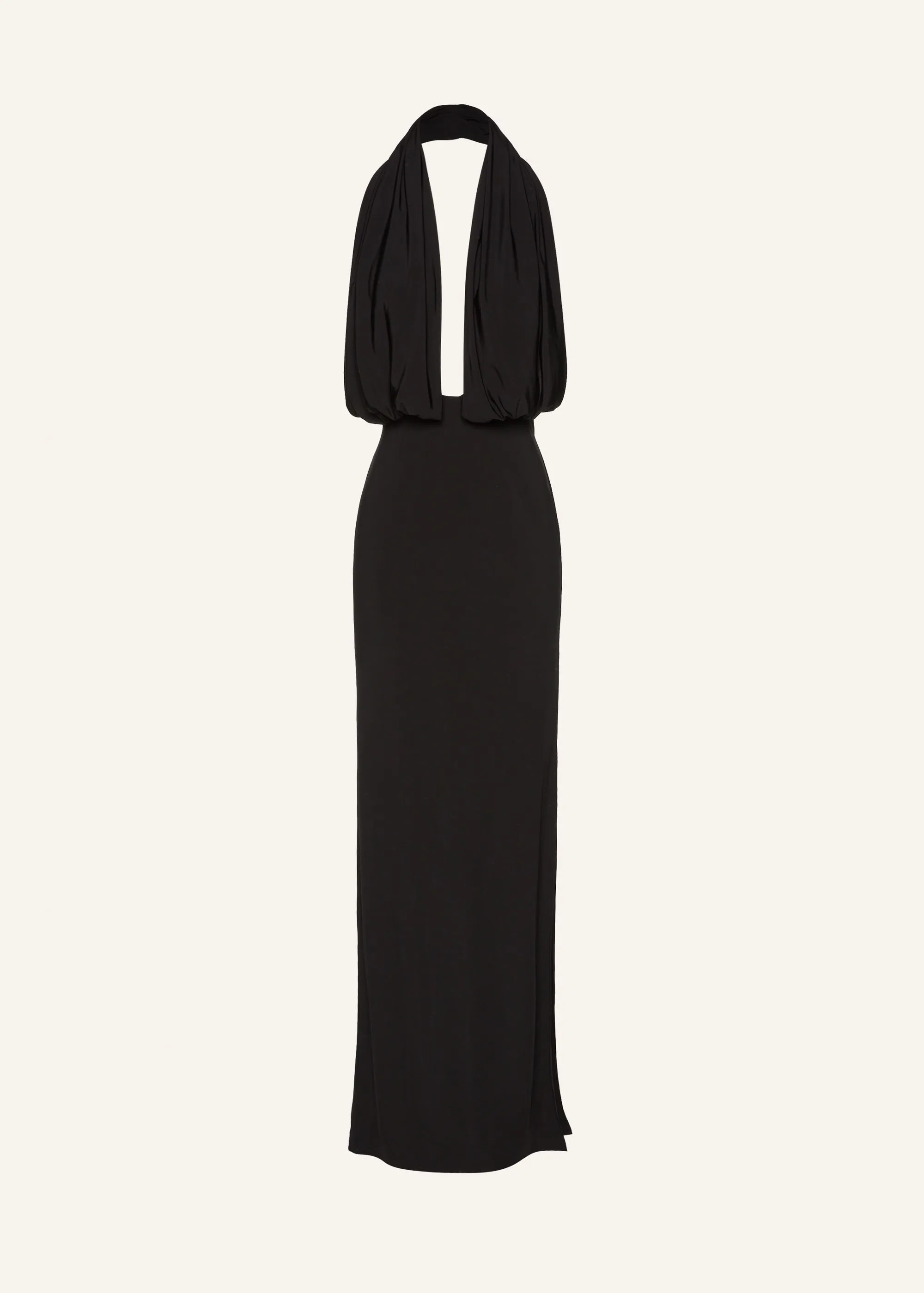 Plunge halter jersey gown in black