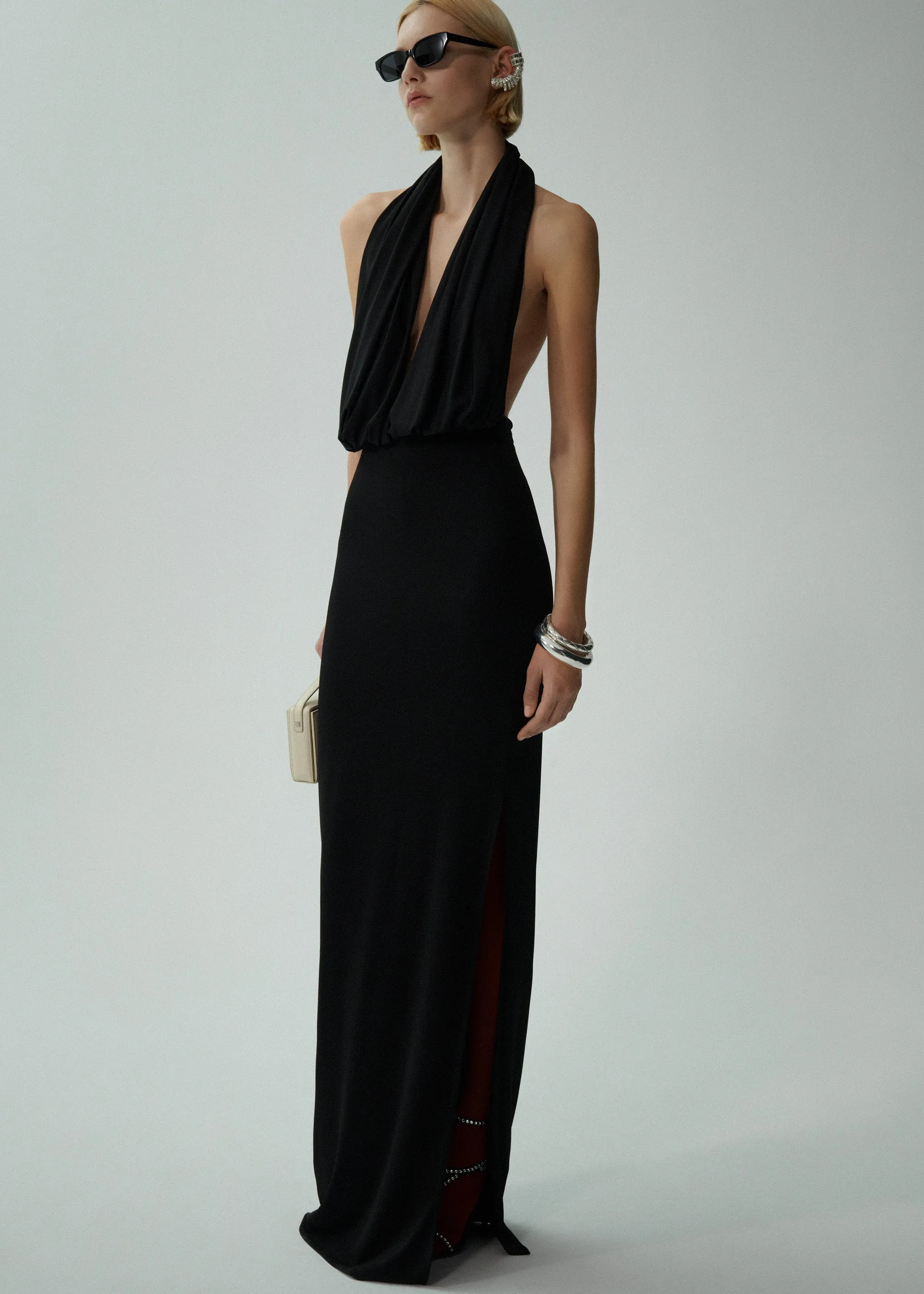 Plunge halter jersey gown in black